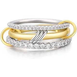 Nhẫn xếp chồng lên nhau bằng vàng 14K dành cho nữ - Bộ nhẫn xếp chồng vàng bạc với CZ, Nhẫn xếp chồng hai tông màu, Trang sức tuyên bố nhiều lớp
