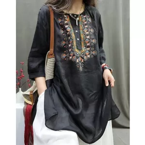 Công Nghiệp Nặng Retro Văn Học Thêu Áo Sơ Mi Giữa Chiều Dài Rời Vải Lanh Cotton Tay Ngắn Thường Ngày Văn Học Áo Chui Đầu 5.26