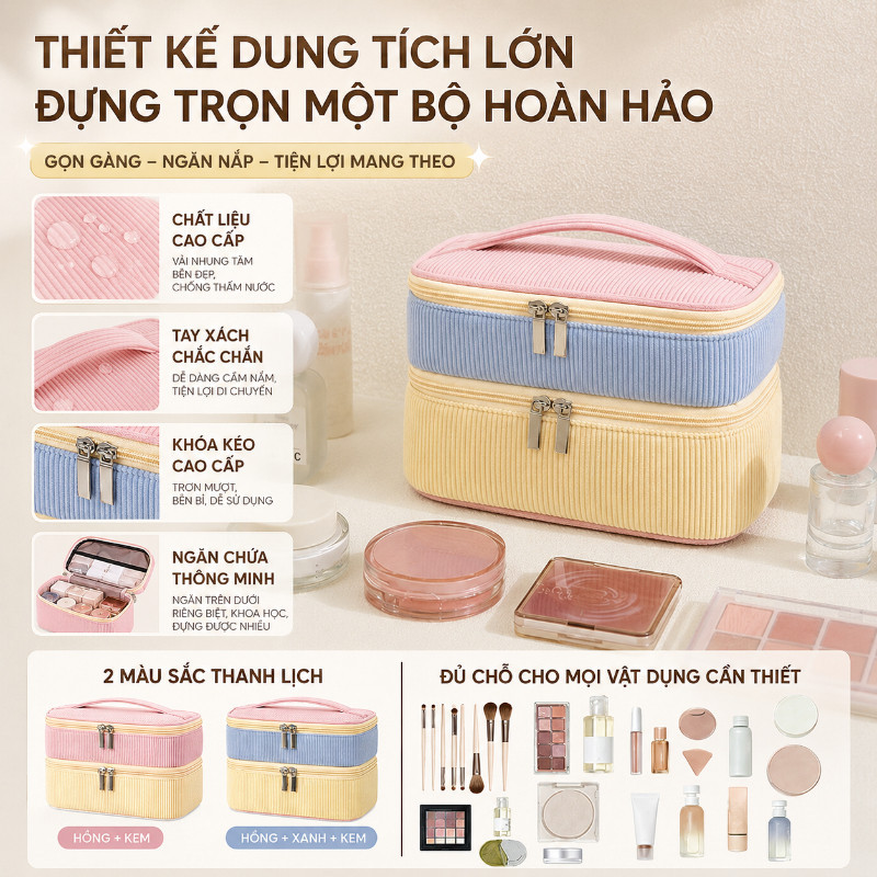 Túi Đựng Mỹ Phẩm 2 Tầng, Dung Tích Lớn, Dễ Vệ Sinh, Dễ Mang Theo, Dùng Khi Du Lịch