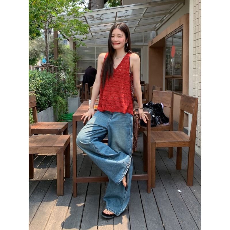 [Hàng mới về] Móc cổ chữ V rỗng Áo Vest nữ mùa hè Thiết kế phong cách mỏng manh Cảm giác dáng rộng dáng rộng Áo không tay