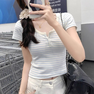 Áo thun ngắn tay sọc cổ chữ U dành cho nữ mùa hè Phong cách mới Slim-fit Slimmer Look Học sinh hàng đầu
