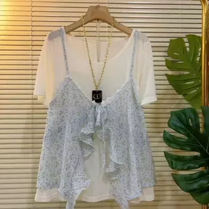 Áo thun ngắn tay cổ tròn xù hoa cỡ lớn phong cách Hàn Quốc giảm tuổi hai mảnh