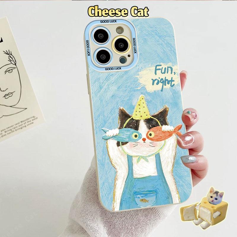 Ốp điện thoại hình mèo con có dây buộc màu hồng và bắt cá cho iPhone 13 14 15 Plus 11 12 16 17 Pro Max XR Xs Max 7Plus