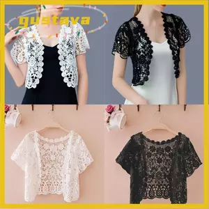 Áo ren GUSTAVA, Áo khoác mùa hè cô dâu phong cách Crop phía trước mở, Áo len Cardigan ngắn tay họa tiết hoa đen / trắng thanh lịch dành cho nữ