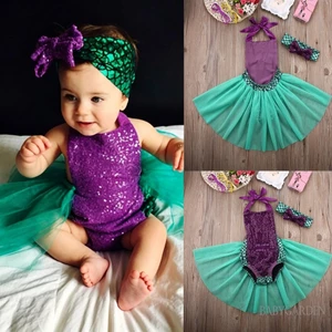 Áo liền quần nàng tiên cá không tay mùa hè cho bé gái có băng đô + vải tuyn