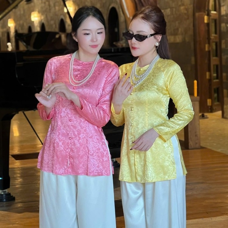 B.a195 - ÁO BÀ BA GẤM HOA MẪU ĐƠN DÂY KÉO CỔ TRÒN NÚT NỤ BỌC QUẦN LỤA