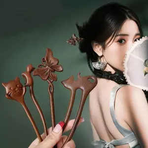 Kẹp Tóc Phong Cách DELMER, Động Vật Gỗ Gỗ Tóc, Phong Cách Cổ Xưa Thỏ Mèo Bướm Hanfu Mũ Bé Gái