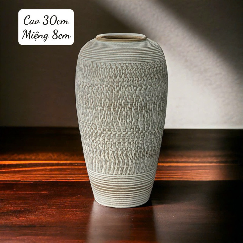 Bình gốm cắm hoa Bát Tràng hoạ tiết vân nâu trang trí studio, cắm hoa hồng, cắm hoa giả, decor nội thất