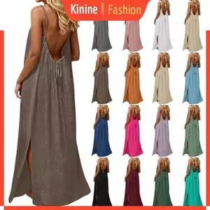 KIN Phụ Nữ Lưng Dây Đầm Nữ Màu Trơn Mùa Hè Kỳ Nghỉ Dây Dây Dài Có Khe