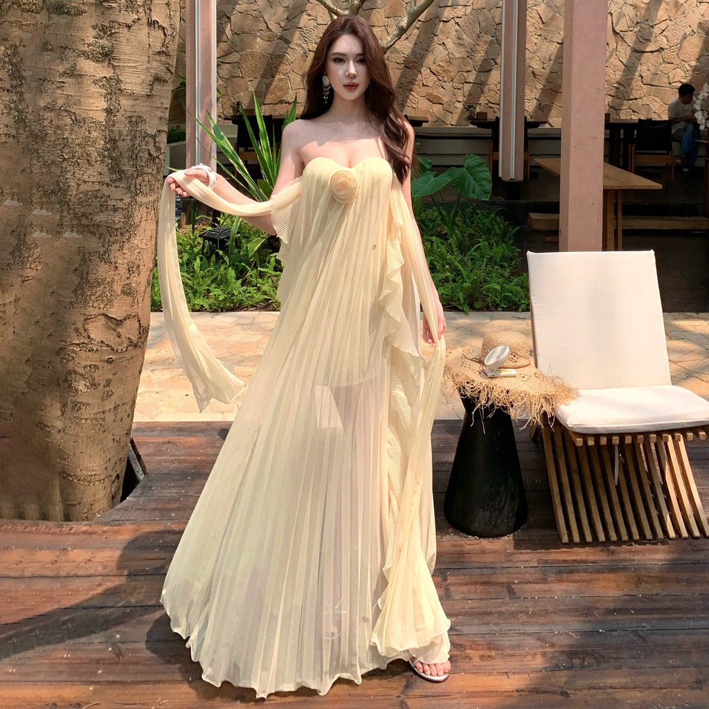 Đầm xếp li maxi nữ thần trà chiều