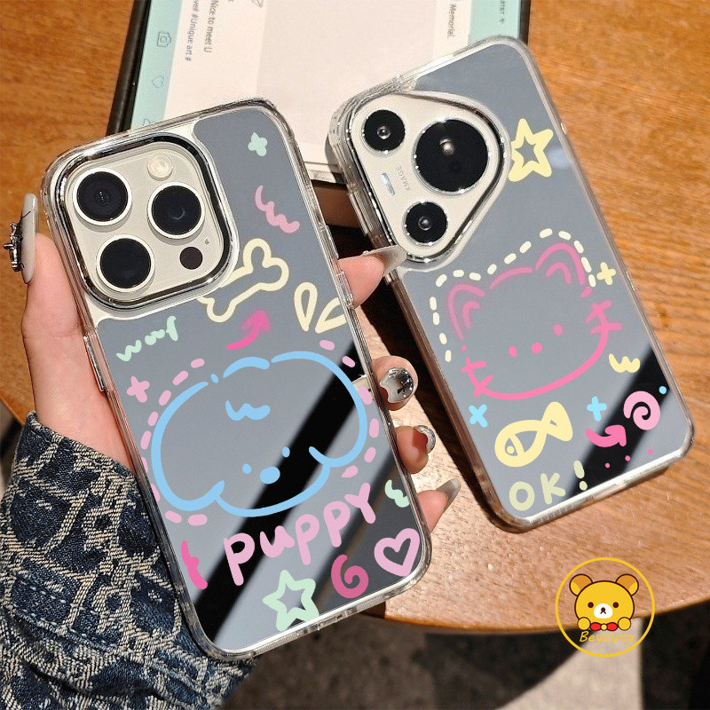 Ốp Điện Thoại Hình Chó Mèo Hoạt Hình Cho Huawei Pura 90 Pro Max 80 70 Pro Plus Ultra P60 P50 P40 Lite P30 Pro Vỏ Gương Chống Sốc Dễ Thương