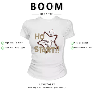 BOOM Áo Baby Tee Nữ Cotton Ôm Body-Áo Thun Ngắn Tay Y2K In Hình PhongCách Mùa Hè, Cổ Tròn Hàng Đầucách hàn quốc phong071
