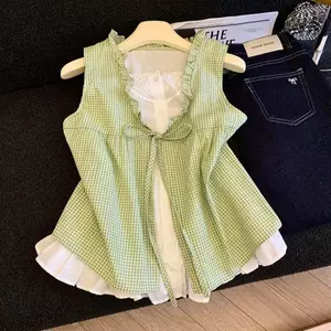 Áo sơ mi giả hai mảnh phong cách nữ tính mùa hè dành cho nữ, Áo sơ mi nơ buộc dây phong cách mùa hè có viền nấm