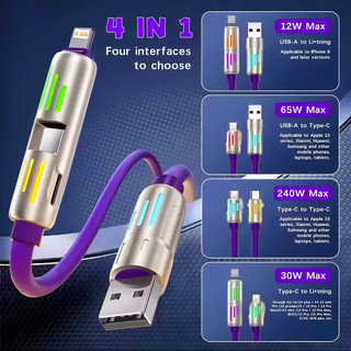 Dòng dữ liệu 4 trong 1 240W Sạc siêu nhanh USB Type C PD Cáp dữ liệu hợp kim nhôm silicon cho iPhone Huawei Samsung Xiaomi Honor
