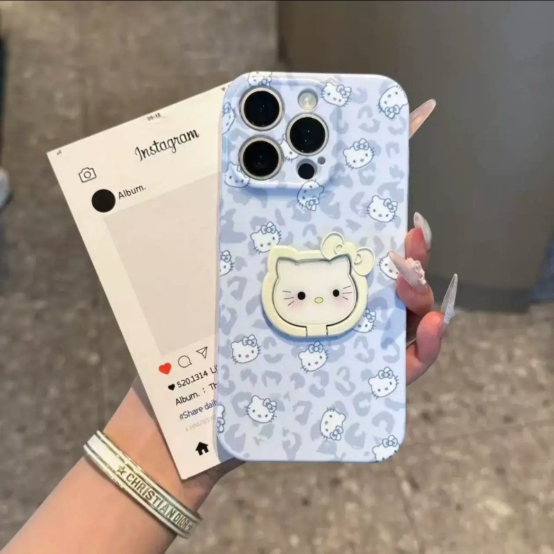 Ốp lưng iPhone Sweet Cool họa tiết da báo Hello Kitty có giá đỡ điện thoại IP - 11/12/13/14/15/16/17/Plus/Air/Pro/Max