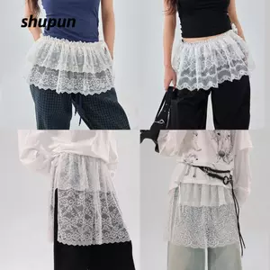 SHUPUN Ren Mini Váy, Thêu Hoa Nhìn Xuyên Qua Ren Xù Váy, Bông Tai Kẹp Y2K Dạo Phố Xếp Ly Váy Quần Jean Trang Trí