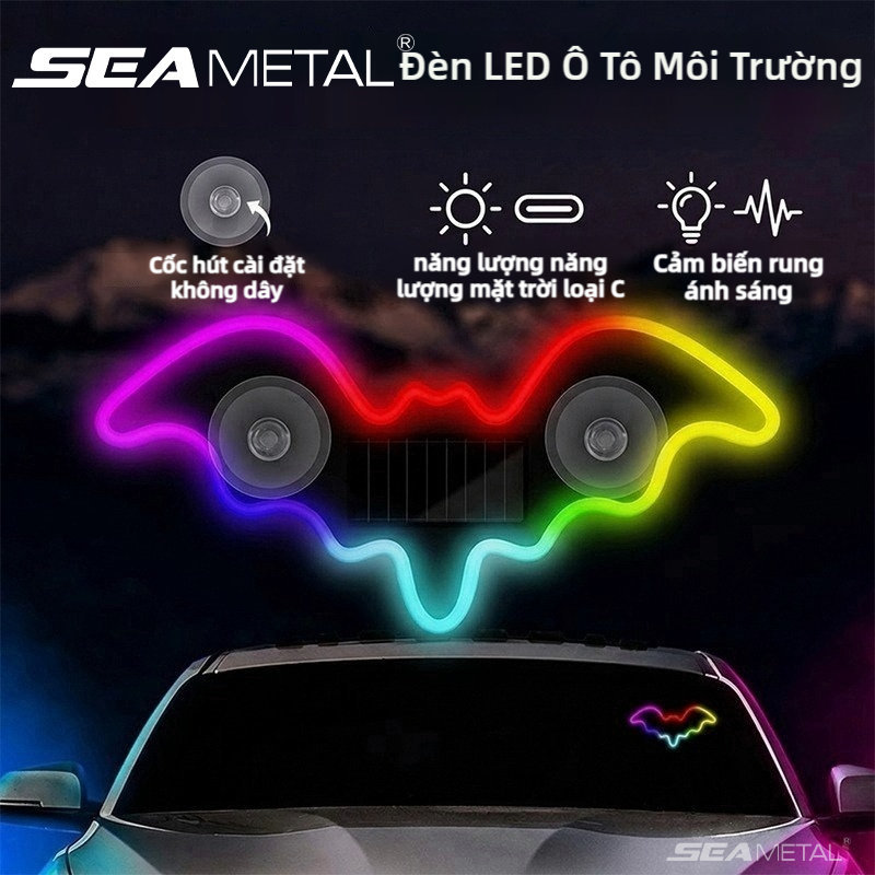 Đèn LED ô tô chạy bằng năng lượng mặt trời SEAMETAL Cửa sổ RGB không dây Đèn Neon Cảm biến rung đa chế độ Hình dơi Cửa sổ phía sau Đèn xung quanh