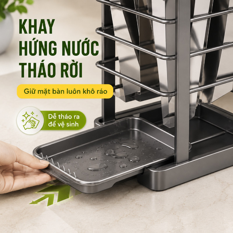 Kệ Cắm Dao Kéo Inox - Khay Hứng Nước, Thiết Kế Thoáng Khí Chống Rỉ, đa Năng Chống Nước Cho Bếp Gọn Gàng