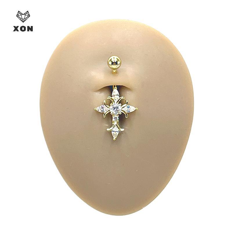 [XON] Christian Cross Rốn Piercing Trang sức 14G Titan Barbell Người phụ nữ Phụ kiện tôn giáo Nhẫn nút bụng màu bạc vàng [Mina]