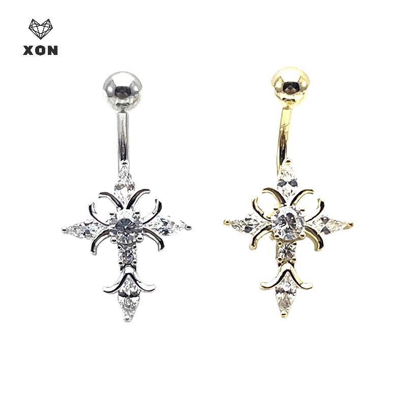 [XON] Christian Cross Rốn Piercing Trang sức 14G Titan Barbell Người phụ nữ Phụ kiện tôn giáo Nhẫn nút bụng màu bạc vàng [Mina]
