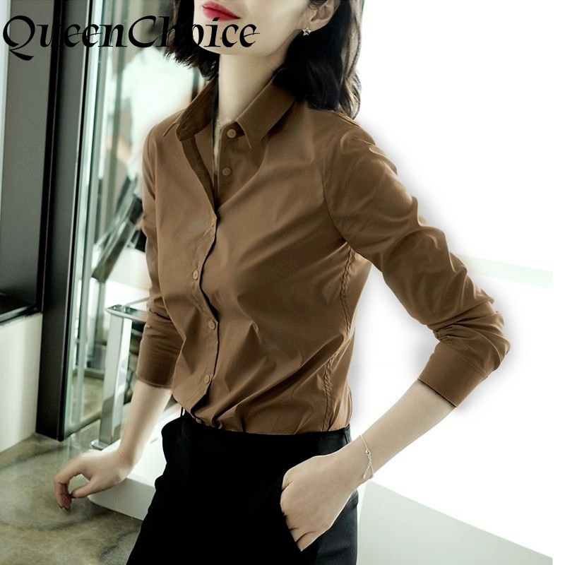 Áo sơ mi nữ cà phê nguyên khối thời trang nữ Áo sơ mi dài tay dáng rộng
