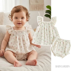 Bộ trang phục mùa hè hoa cho bé gái Áo ba lỗ cổ vuông Babydoll + Bộ quần short PP