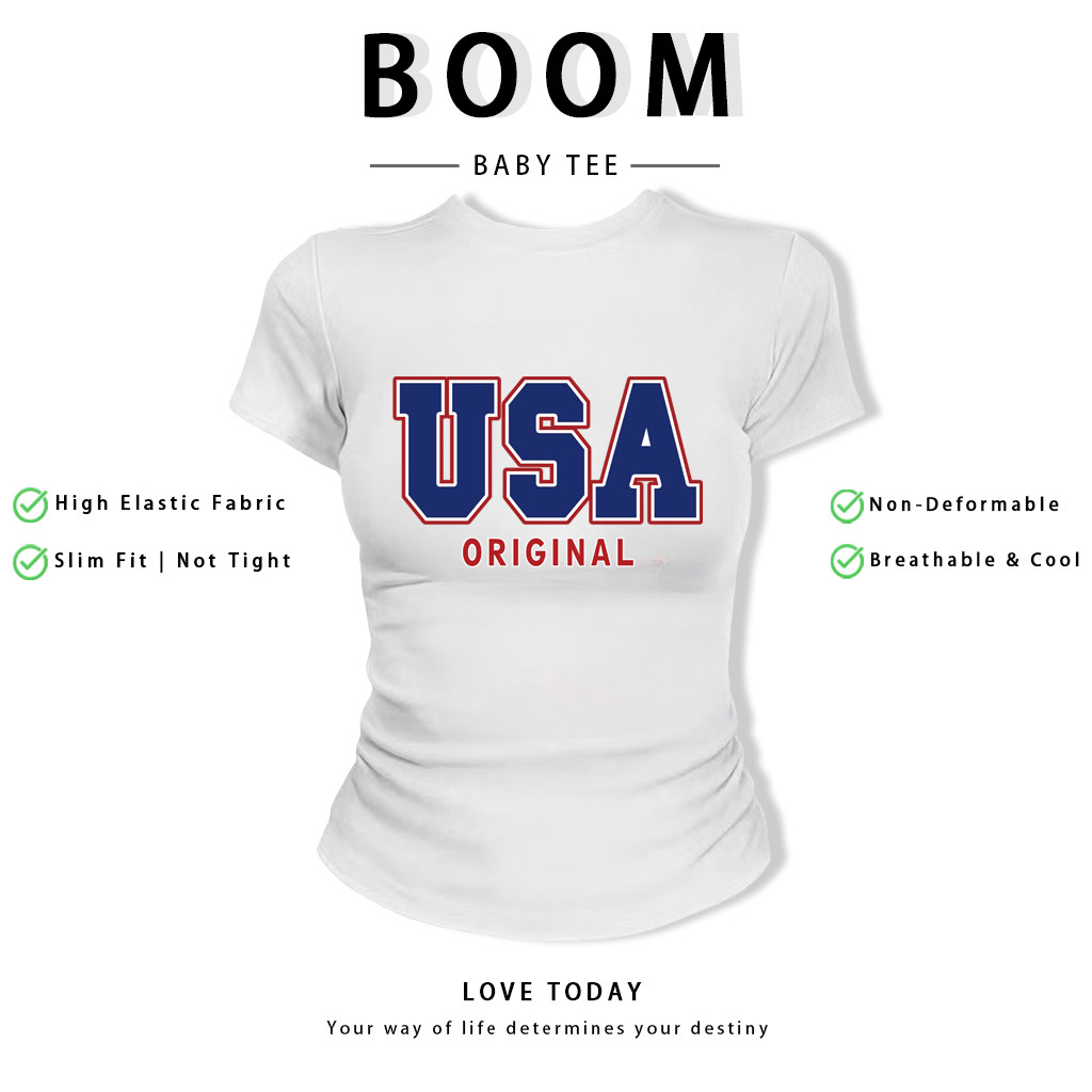 BOOM Áo Baby Tee Nữ Cotton Ôm Body-Áo Thun Ngắn Tay Y2K In Hình PhongCách Mùa Hè, Cổ Tròn Hàng Đầucách hàn quốc phongV13