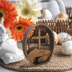 JUNYUE88US Đồ trang trí trứng chữ thập Phục sinh, Dấu hiệu bằng gỗ Phục sinh nhiều lớp trang trí, Dấu hiệu tác phẩm nghệ thuật Khắc thủ công Vượt qua lăng mộ Chúa Giêsu Trang trí bàn Trung tâm