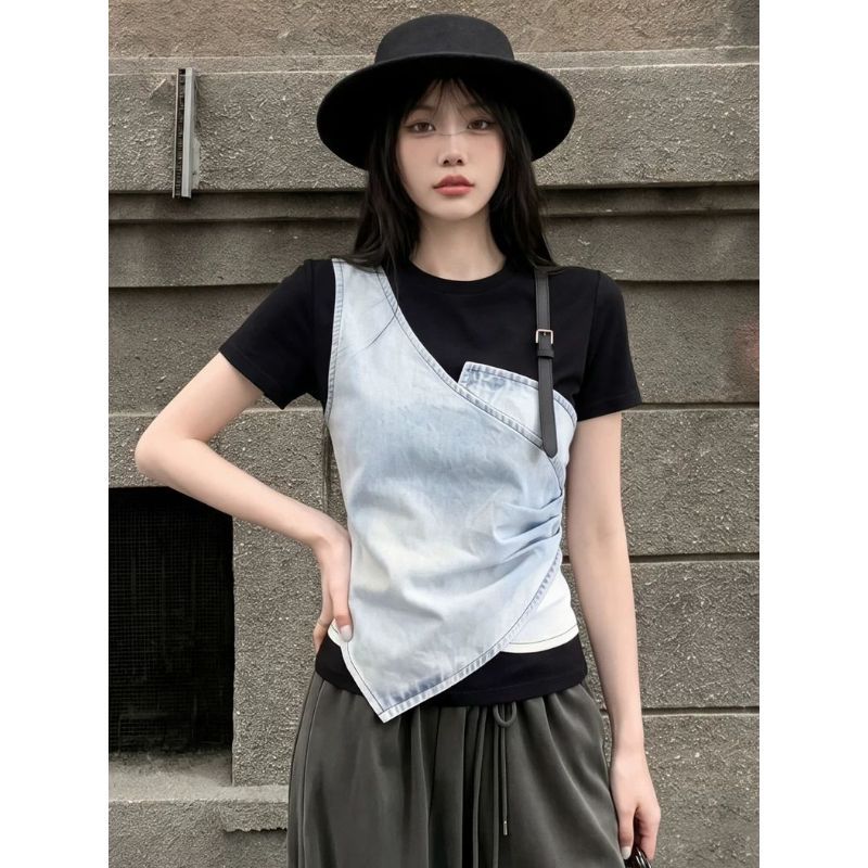 [Khuyến mãi trong thời gian có hạn] Áo thun Denim hai mảnh giả thiết kế cảm giác sang trọng ngắn hàng đầu dành cho nữ
