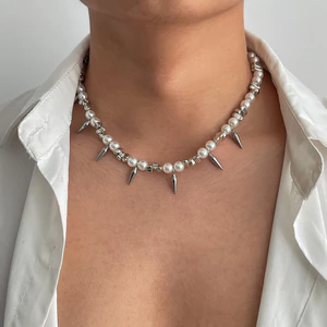 Nam Punk Ngọc Trai Choker - Bạc Đinh Tán Inox Đính Hạt Ngọc Trai Giả - Hip-Hop Dạo Phố Trang Sức