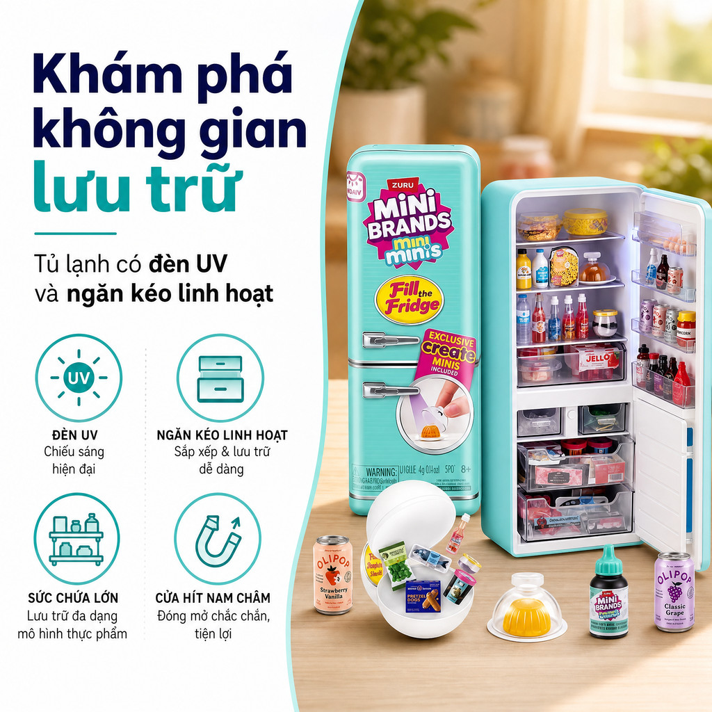 ZURU Mini Tủ Lạnh Đồ Chơi, mô phỏng thực phẩm đa dạng, đồ chơi chơi nhà cho bé, rèn luyện tư duy sáng tạo trẻ nhỏ