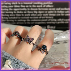 Cao Cấp Ngọt Ngào Mát Nóng Cô Gái Phong Cách Đen Tím Kim Cương Bướm Hoa Hồng Mở Nhẫn Nữ Niche Phong Cách Thoáng Mát Punk Nhẫn