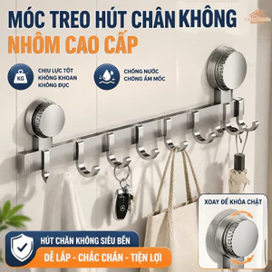 Móc treo quần áo hút chân không nhôm chống gỉ 6/8 móc không cần khoan đục bền nhẹ dễ lắp cho nhà