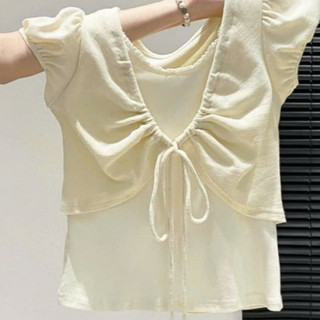 Set Áo Thun Nữ 2 Lớp Tay Phồng Buộc Dây Xếp Ly Croptop Ôm Dáng Tiểu Thư Hàn Quốc Mùa Hè