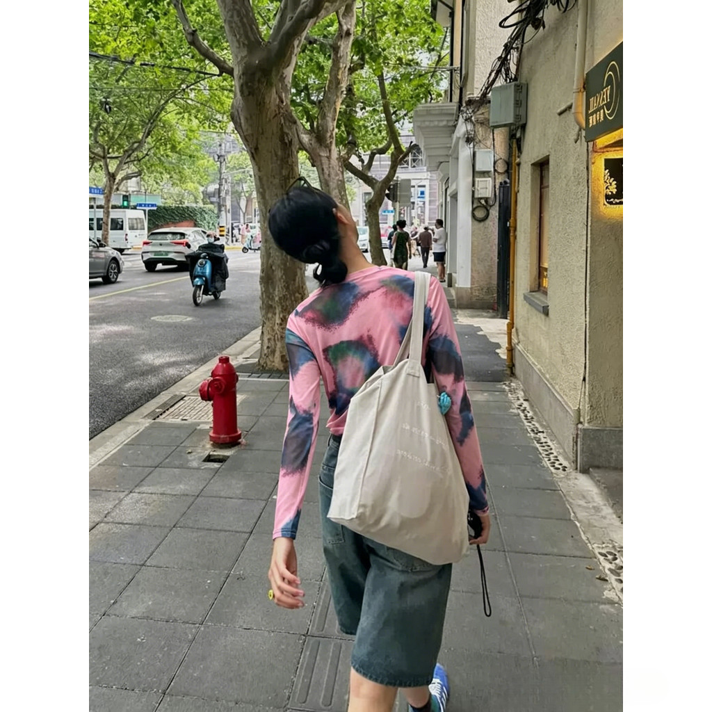 Milyfashion Loose Cao Cấp Tay Dài T Mùa Hè Phong Cách Mới Cổ Tròn Gạc Tie-Dye In Mực Smudge Kem Chống Nắng Đế