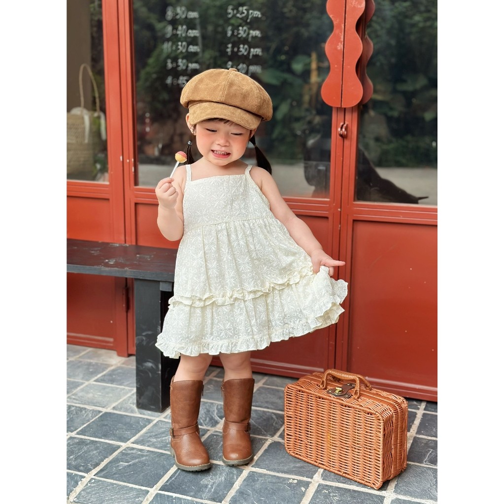 Váy Hai Dây Babydoll Bé Gái Mùa Hè Bèo Nhún DDáng Yêu Obebi 8-22KG V68