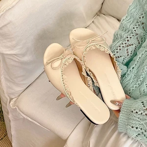 Dép sandal phong cách Pháp dành cho nữ, mặc ngoài mùa hè với váy, dép bệt nơ ren phong cách c