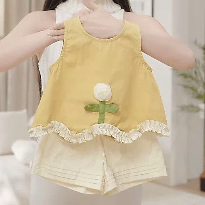 Phong Cách Nữ Xù Không Tay Phối Hoa Quần Short Bộ Đồ Mùa Hè Bé Gái Cotton Nguyên Chất Phong Cách
