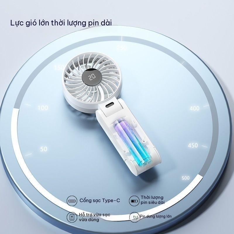 Cầm Tay Gấp Gọn 3 Trong 1 Quạt Mini 100 Cấp Độ Gió Màn Hình LED Gấp Gọn Để Bàn Treo Cổ Đa Năng Sạc Type-C Pin Trâu Đi Làm Đi Học Du Lịch