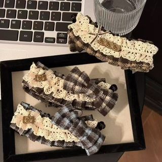 [Ren Người Yêu] Mùa Thu Đông Kẻ Sọc Sang Trọng Kẹp Tóc Ren Viền Kitty Chuối Kẹp Dễ Thương Retro Gothic