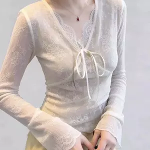 Cổ chữ v có dây buộc kiểu Pháp dành cho nữ mùa xuân Phong cách mới Slim-Fit Slim-Fit Slimmer Look