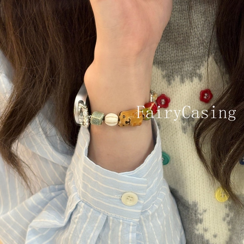 Gốm Con Chó Con Hạt Dệt Dây Đeo Cho Xiaomi Mi Band 10 9 8 7 Pro 6 5 4 3 NFC Vòng Tay Cho Redmi Watch 6 5 4 Dây Đeo Tay