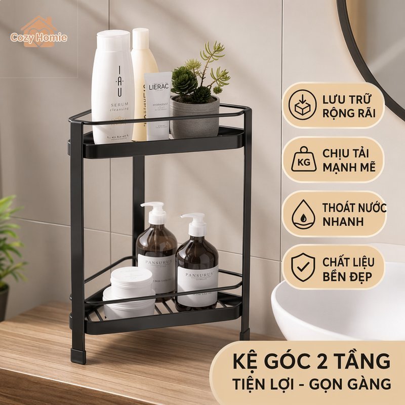 kệ góc nhà tắm 2 tầng tam giác đặt sàn chống gỉ thoát nước đựng dầu gội gia vị tiết kiệm