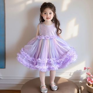 Đầm Công Chúa Cầu Vồng Cho Bé Gái Phối Lưới Bồng Bềnh - Váy Dự Tiệc Biểu Diễn Sang Trọng