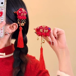 Năm Mới Muốn Làm Giàu ~ Năm Mới Tua Rua Đỏ May Mắn Kẹp Tóc Nữ Bên Kẹp 2026 Năm Ngựa Mũ Đội Đầu Phụ Kiện Tóc Lễ Hội 74BE