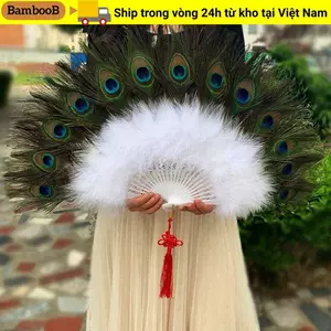 BAMBOOB Cheongsam Show Live Fan, 28 Xương 9 Màu Quạt Lông Công Lớn, Quạt Gấp Lông 65cm Trang Trí Tiệc Cưới