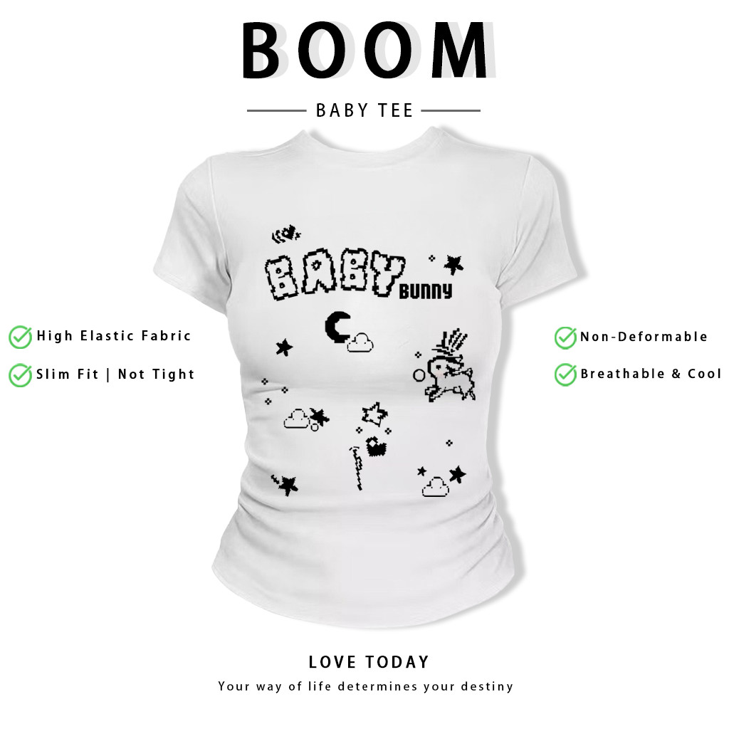 BOOM Áo Baby Tee Nữ Cotton Ôm Body-Áo Thun Ngắn Tay Y2K In Hình PhongCách Mùa Hè, Cổ Tròn Hàng Đầucách hàn quốc phongV15