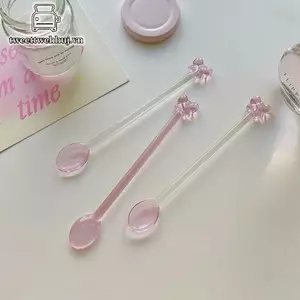 Muỗng cà phê thủy tinh nơ hồng Tweeduj, Muỗng khuấy trà sữa / tráng miệng dài tay, Muỗng cà phê chịu nhiệt, Dụng cụ nhà bếp gia dụng. VN