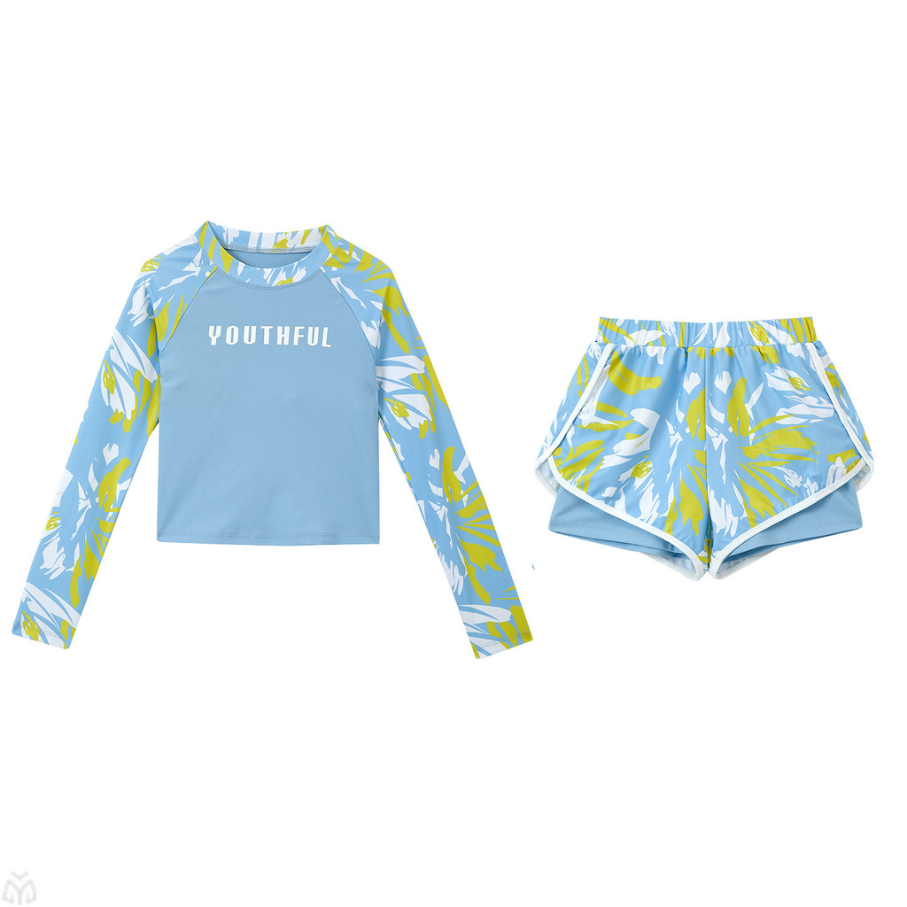 Bé Gái Mùa Hè Chia Hoa Đồ Bơi 2026 Trẻ Em Phong Cách Mới Dài Tay In Chữ Top + Quần Short Đồ Bơi
