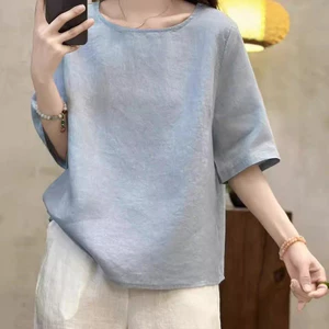 Tính Khí Thường Ngày Vải Lanh Cotton Phong Cách Đơn Giản Tính Khí Nửa Tay Ngắn Top Màu Trơn Văn Học Retro Áo Thun Nữ 5.26